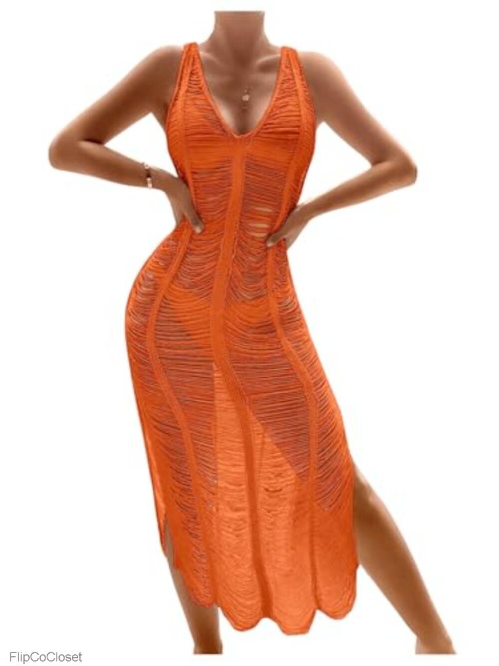 Crochet Cover Up Deep V Neck Backless Sleeveless Midi Beach Swimsuit